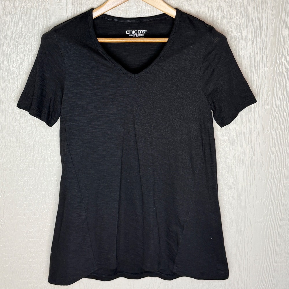 Chicos Black Slub V-Neck Short Sleeve Tee Shirt Cotton Modal Size 0 (4-6 Womens)